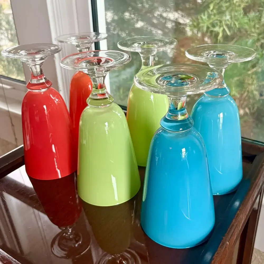Vintage Hand Blown Colorful Glass Goblets Set of 6 Art Glass